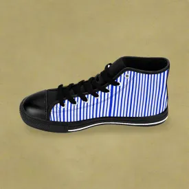 Blue Striped Men's High-top Sneakers, Modern Stripes Men's Designer Tennis Running Shoes (US Size: 6-14)