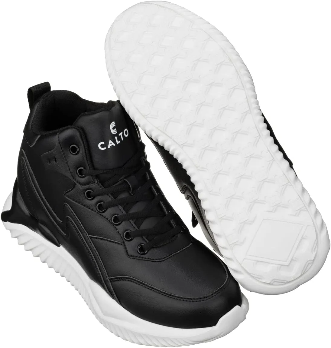 CALTO Men's Invisible Height Increasing Elevator Trainer Shoes - Black Lace-up Lightweight Fashion High-Top Sneakers - 4 Inches Taller - S3060 - Size 10 D(M) US