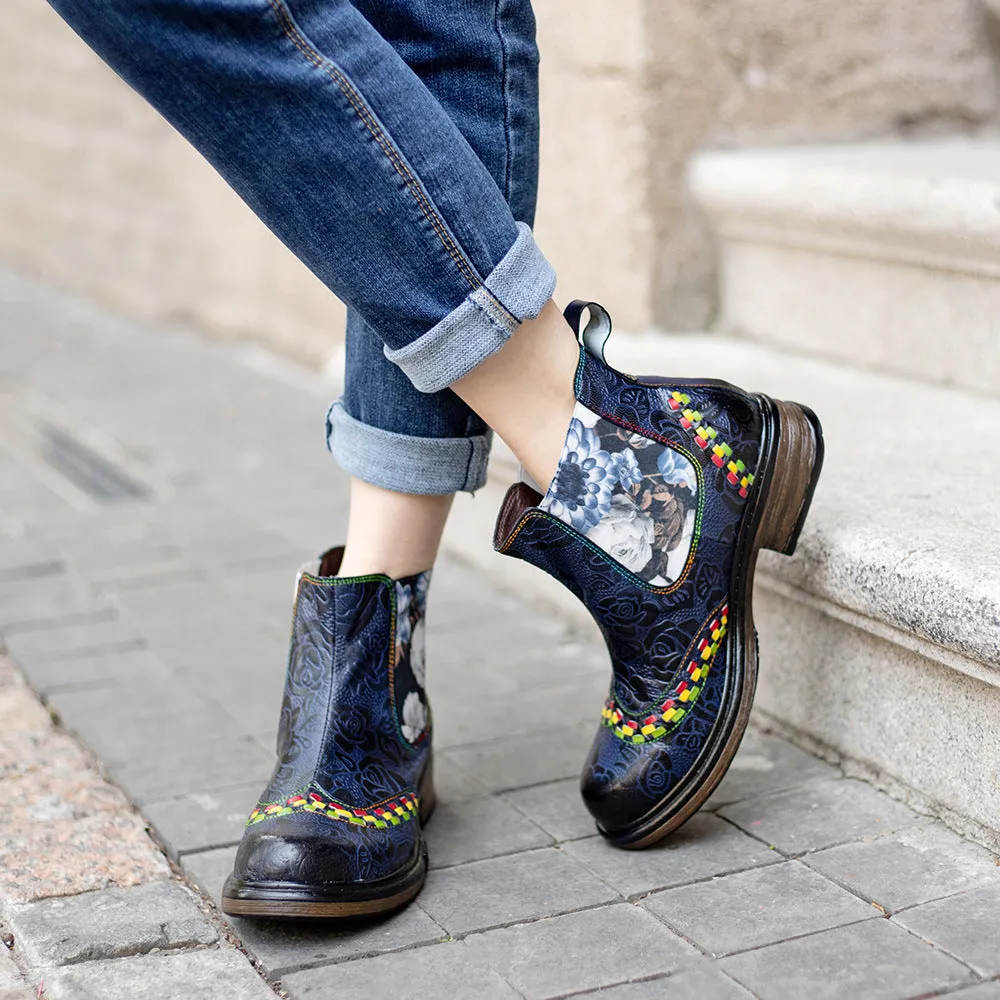 Classic Flower Embossed Chunky Heel Ankle Boots