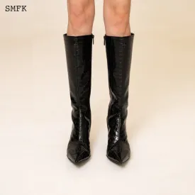 Compass Black Crocodile-Embossed Leather High Boots