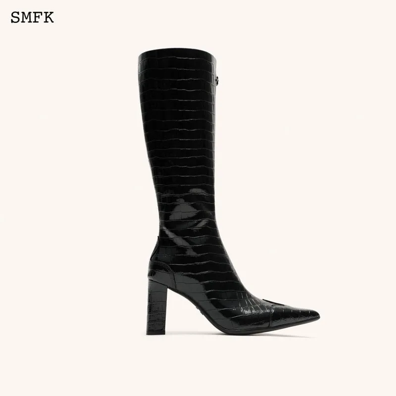 Compass Black Crocodile-Embossed Leather High Boots