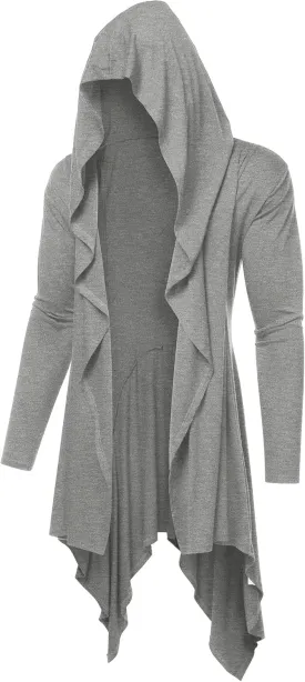 COOFANDY Long Hooded Cardigan Ruffle Shawl Collar Open Front Lightweight Drape Cape Overcoat with Pockets