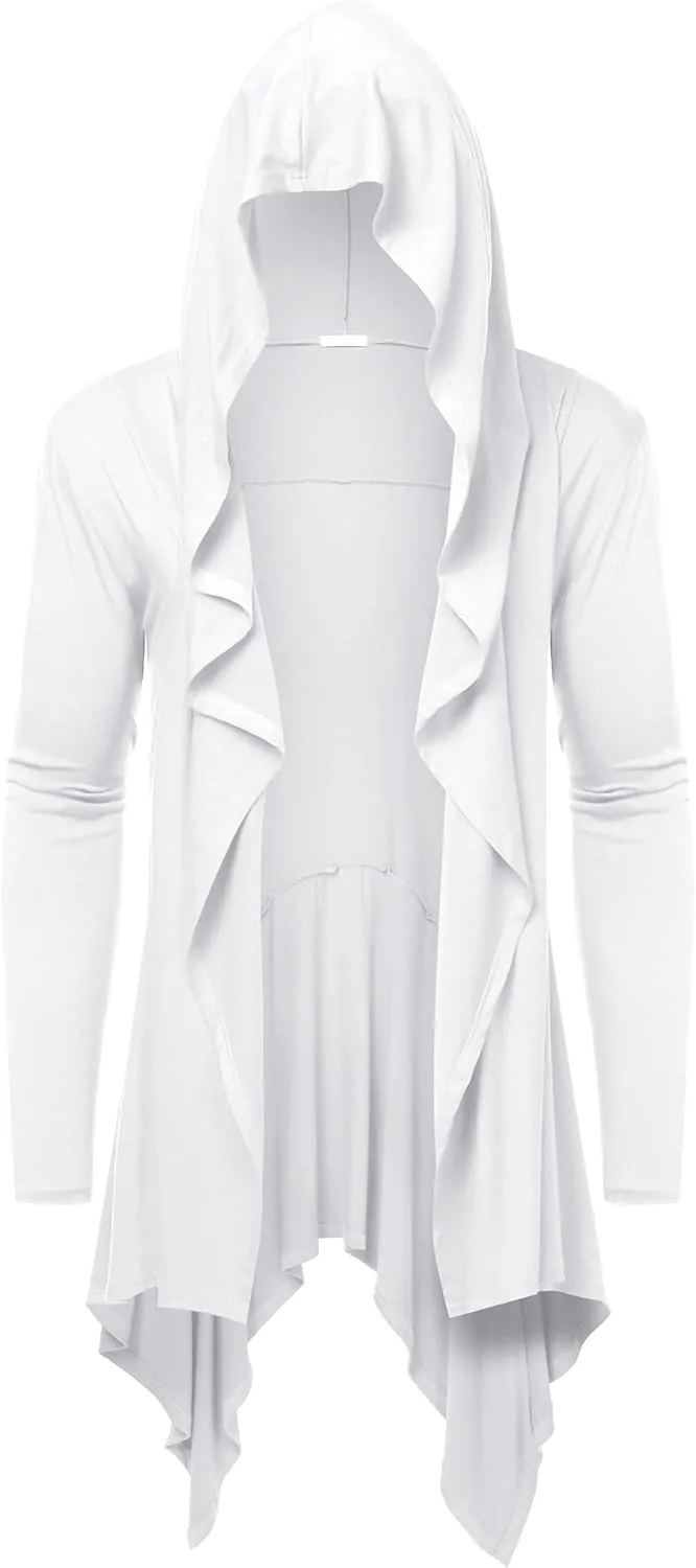 COOFANDY Long Hooded Cardigan Ruffle Shawl Collar Open Front Lightweight Drape Cape Overcoat with Pockets