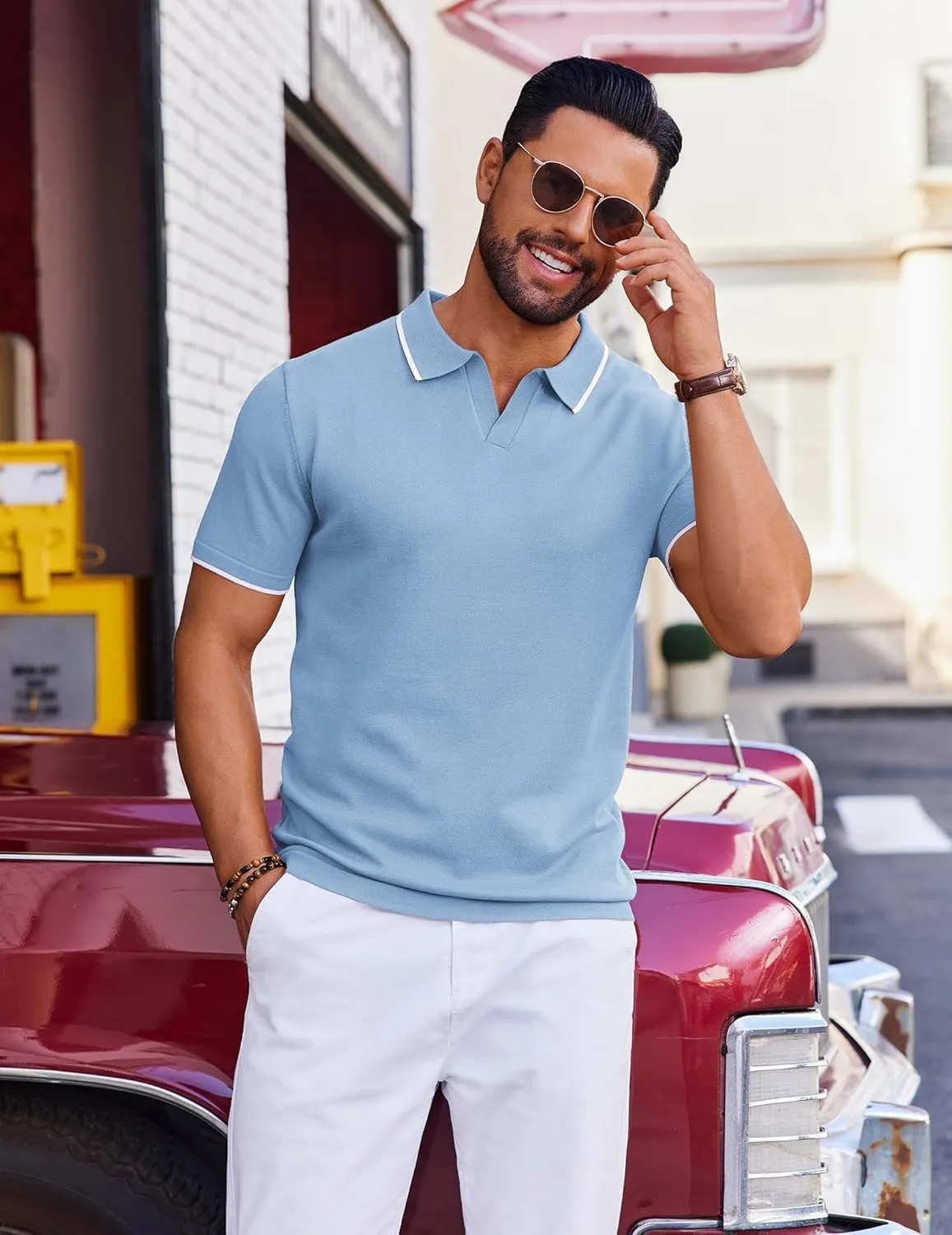 COOFANDY Mens Polo Shirts Short Sleeve Casual Knit Polo Shirt Vintage Golf T Shirts Old Money Tops