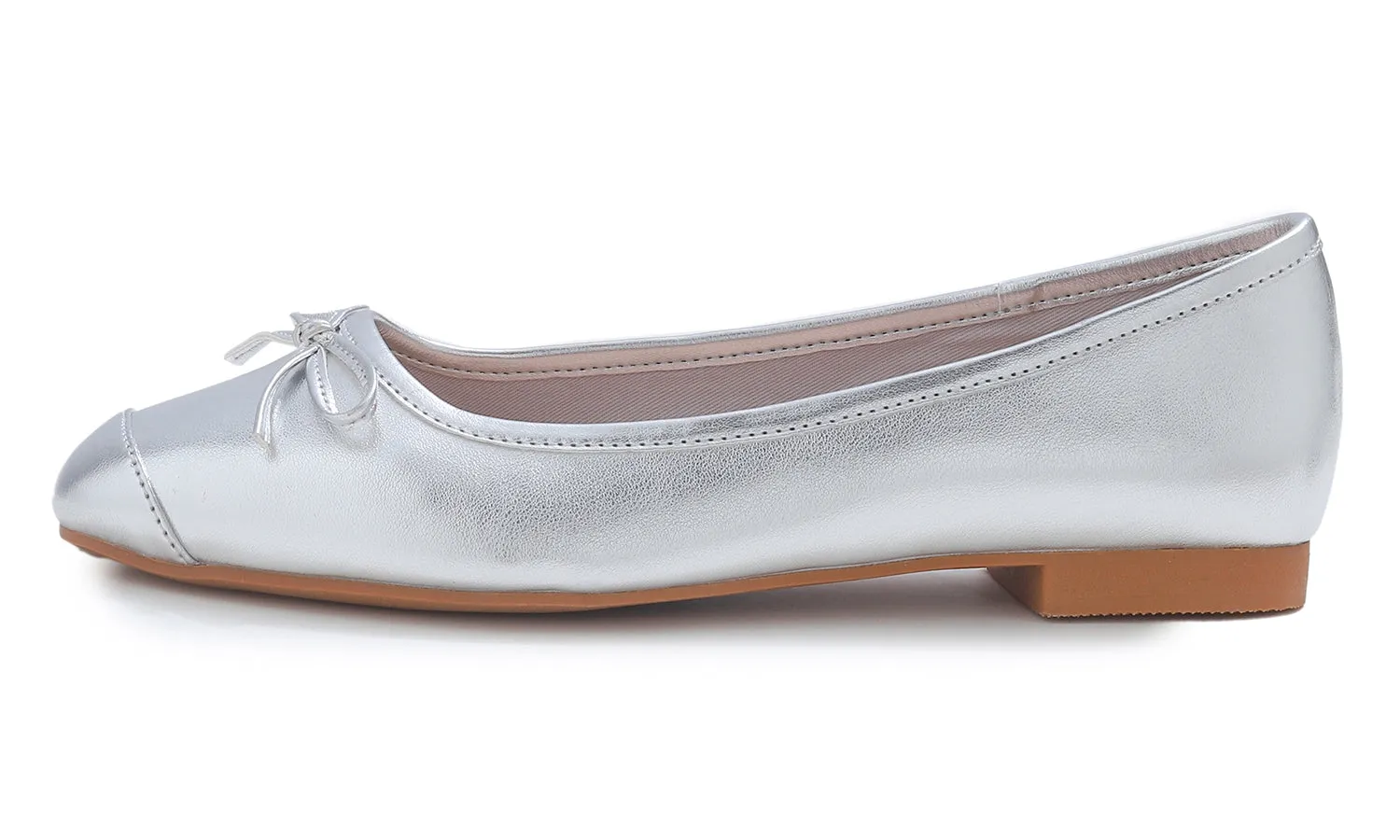 Feversole Women's Square Toe Fashion Bow Tie Dress Slip On Ballet Flats Metallic Vegan Leather