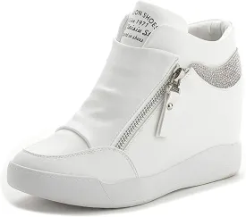 HINDOLA Womens Fashion Platform Shoes Hidden Wedge Heel High Top Sneakers for Women Rhinestone Boots Working Shoes Women