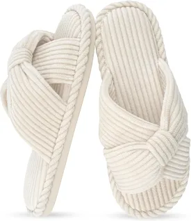 IPSAE Summer House Slippers for Woman Memory Foam Open Toe Slippers Corduroy Cross Bow Womens Slipper Slides Comfy Indoor Bedroom Slip On Shoes