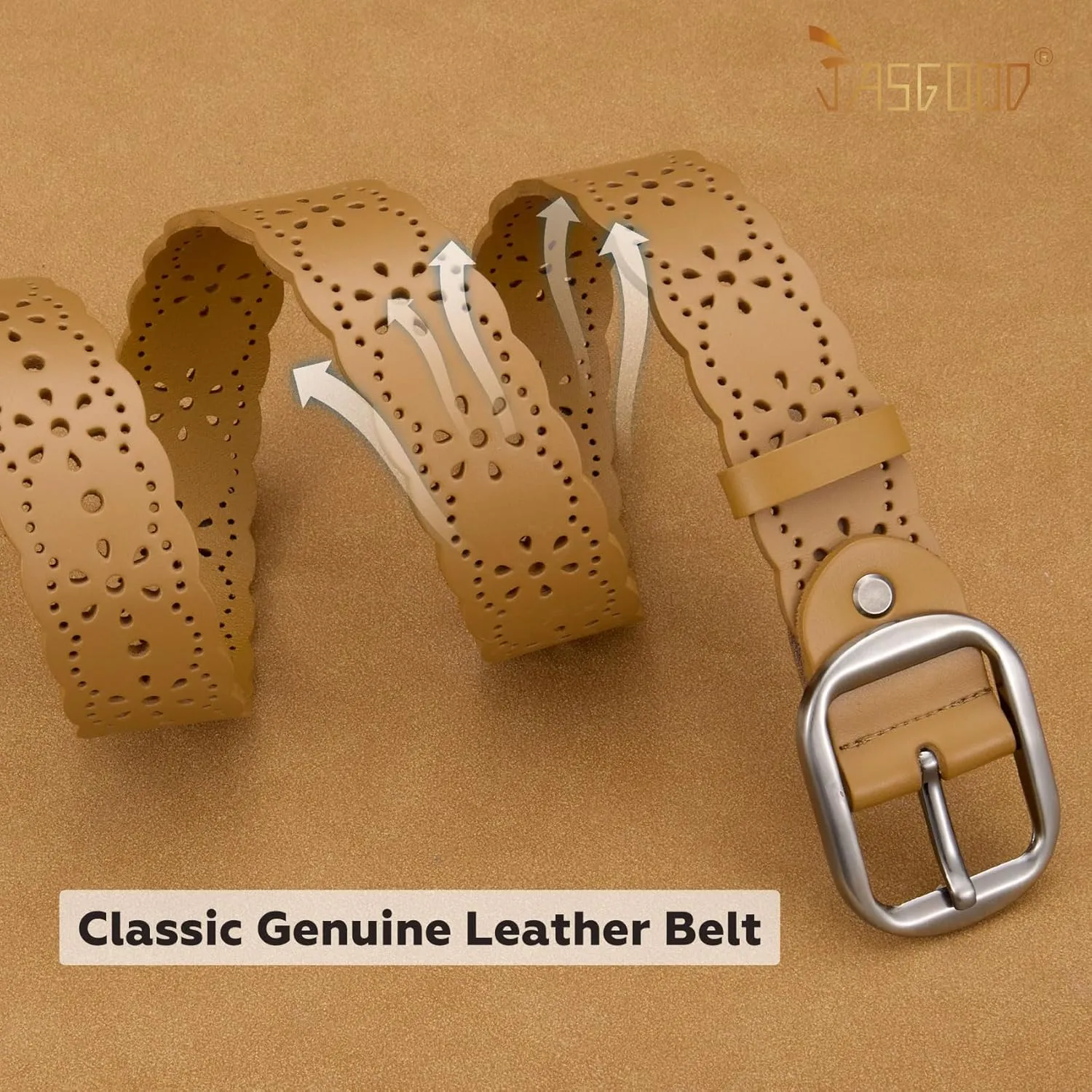 JASGOOD Women's Hollow Flower Genuine Leather Belt for Jeans Pants Wide Belt for Ladies