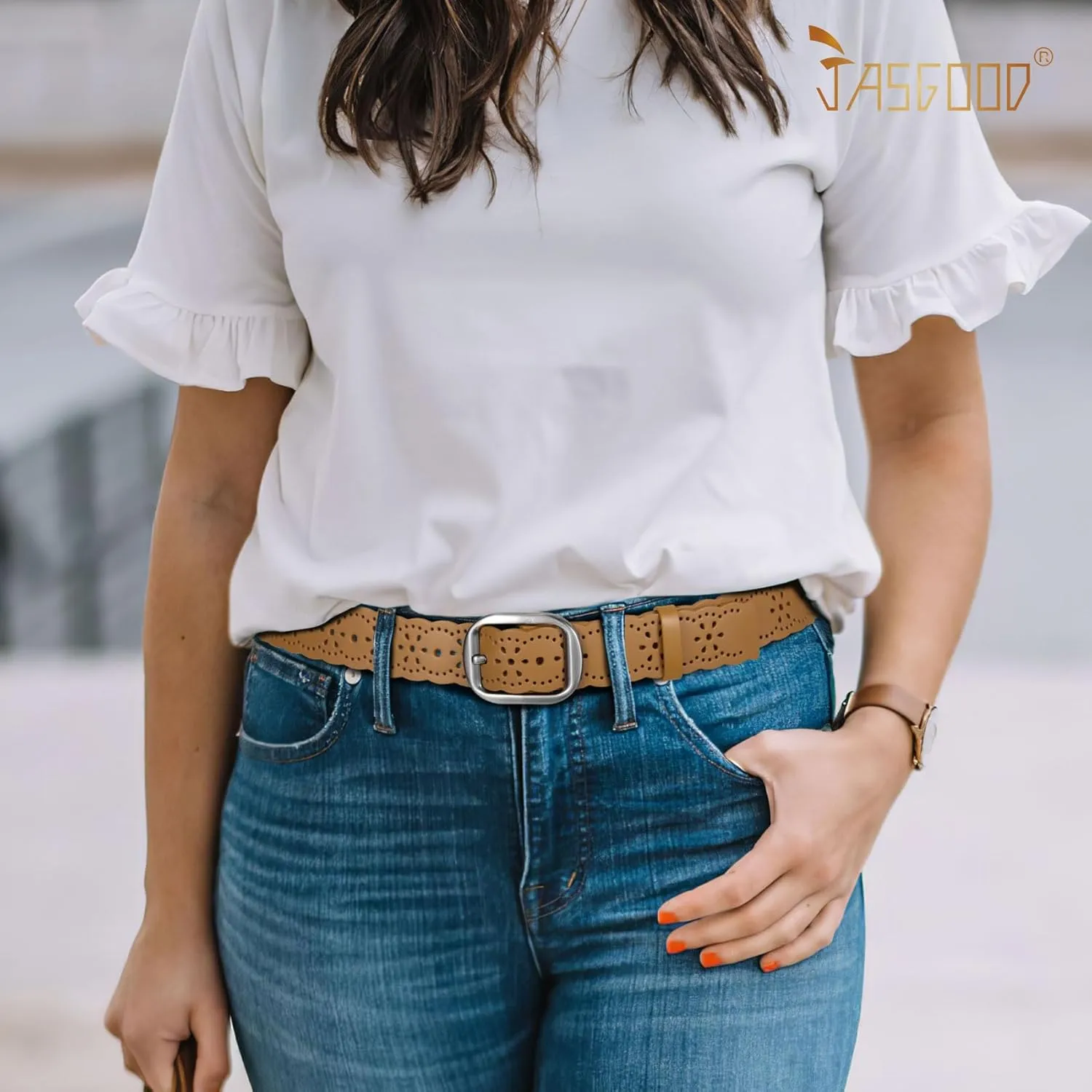 JASGOOD Women's Hollow Flower Genuine Leather Belt for Jeans Pants Wide Belt for Ladies