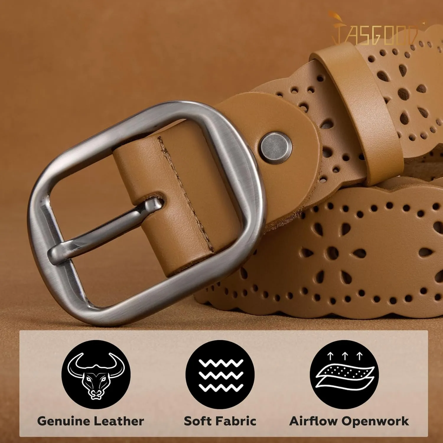 JASGOOD Women's Hollow Flower Genuine Leather Belt for Jeans Pants Wide Belt for Ladies