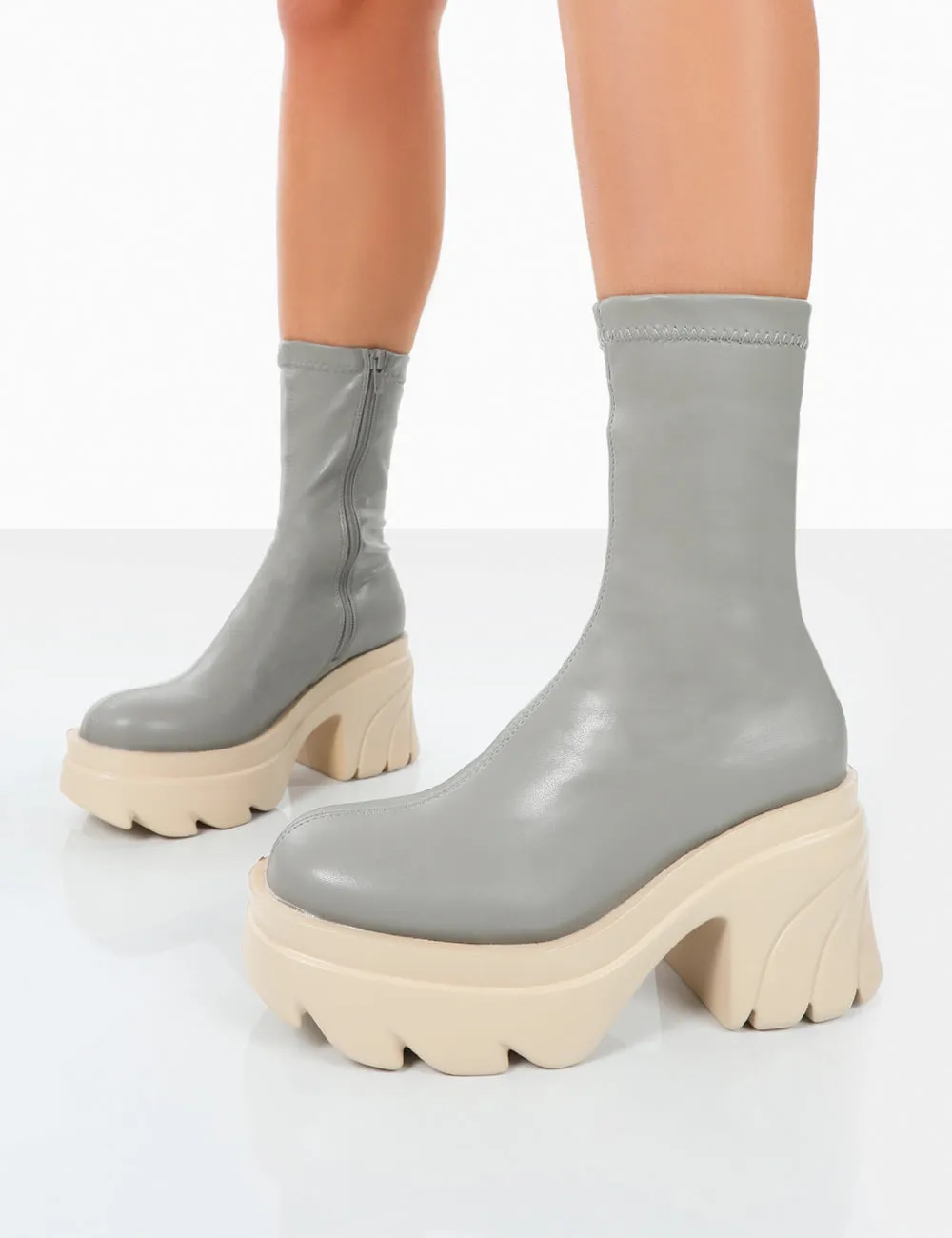 Jennie Grey Pu Chunky Sole Heeled Ankle Boots