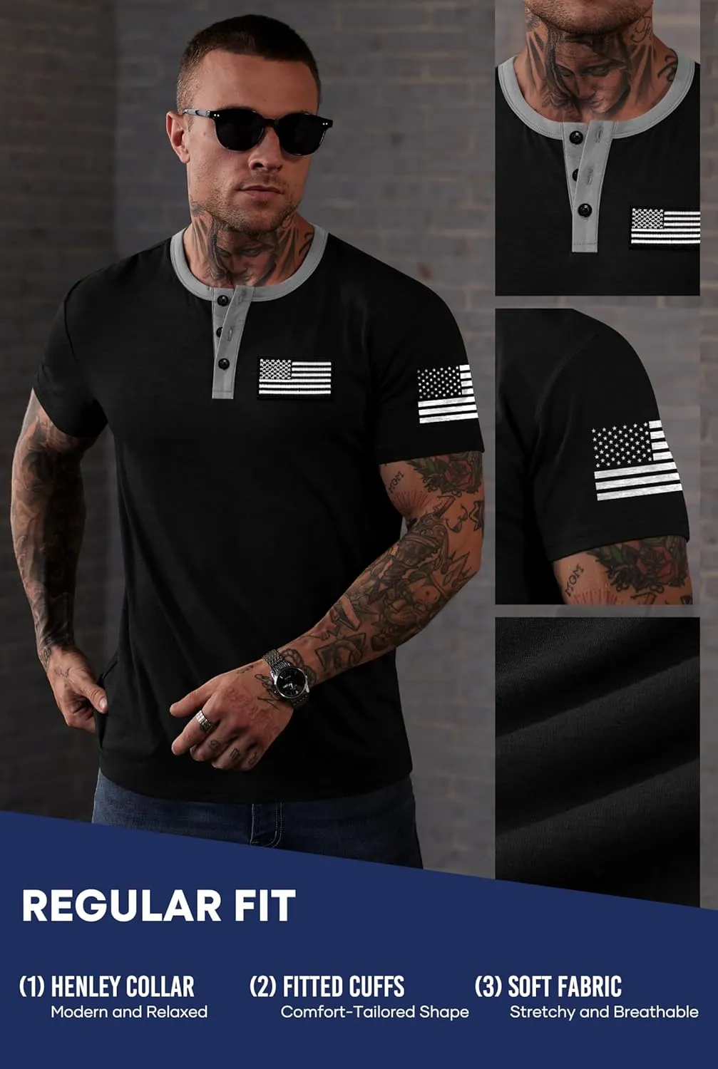 Men's Patriotic Henley Shirts Distressed American Flag 1776 Vintage Muscle T-Shirts (S-3XL)