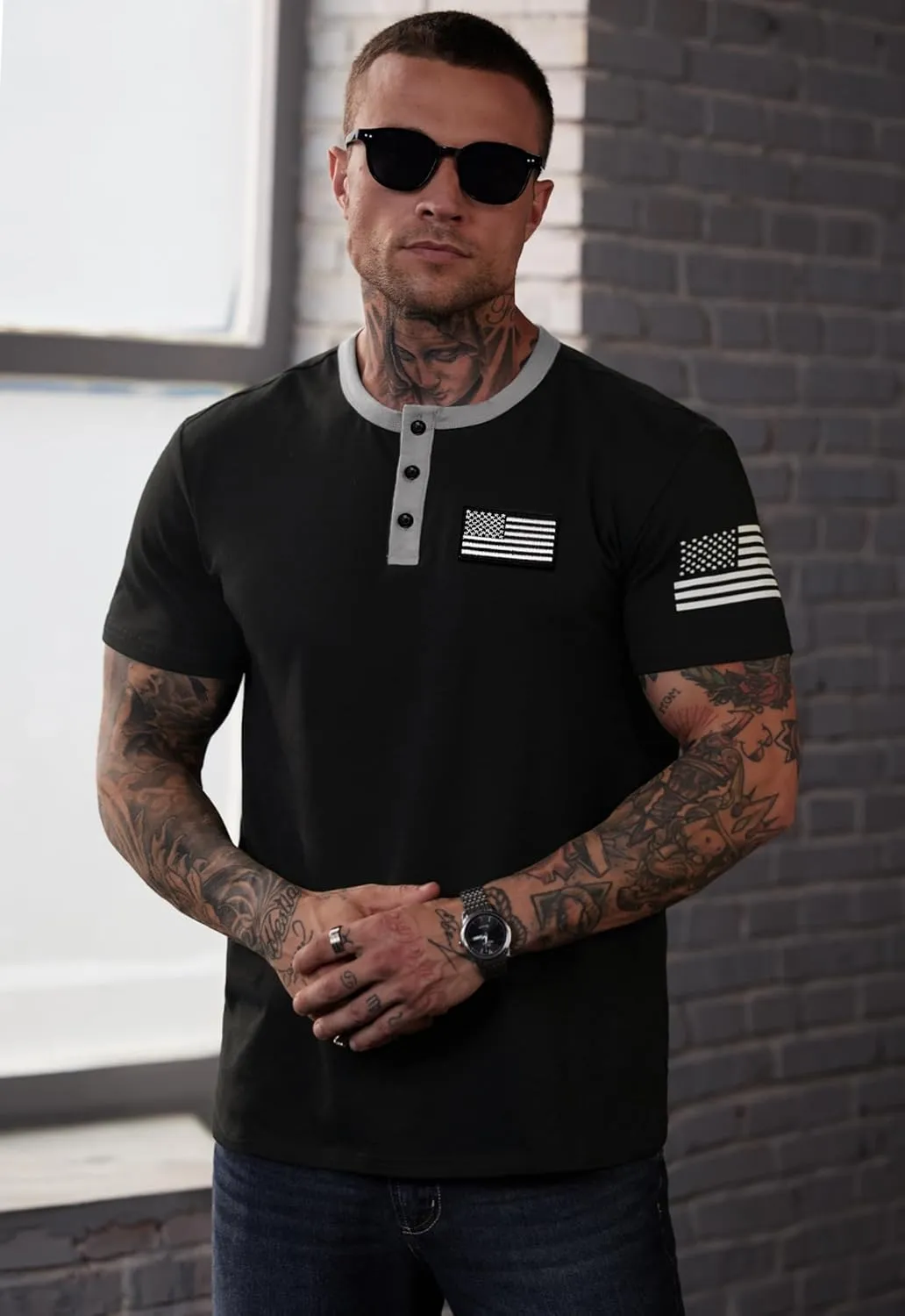 Men's Patriotic Henley Shirts Distressed American Flag 1776 Vintage Muscle T-Shirts (S-3XL)