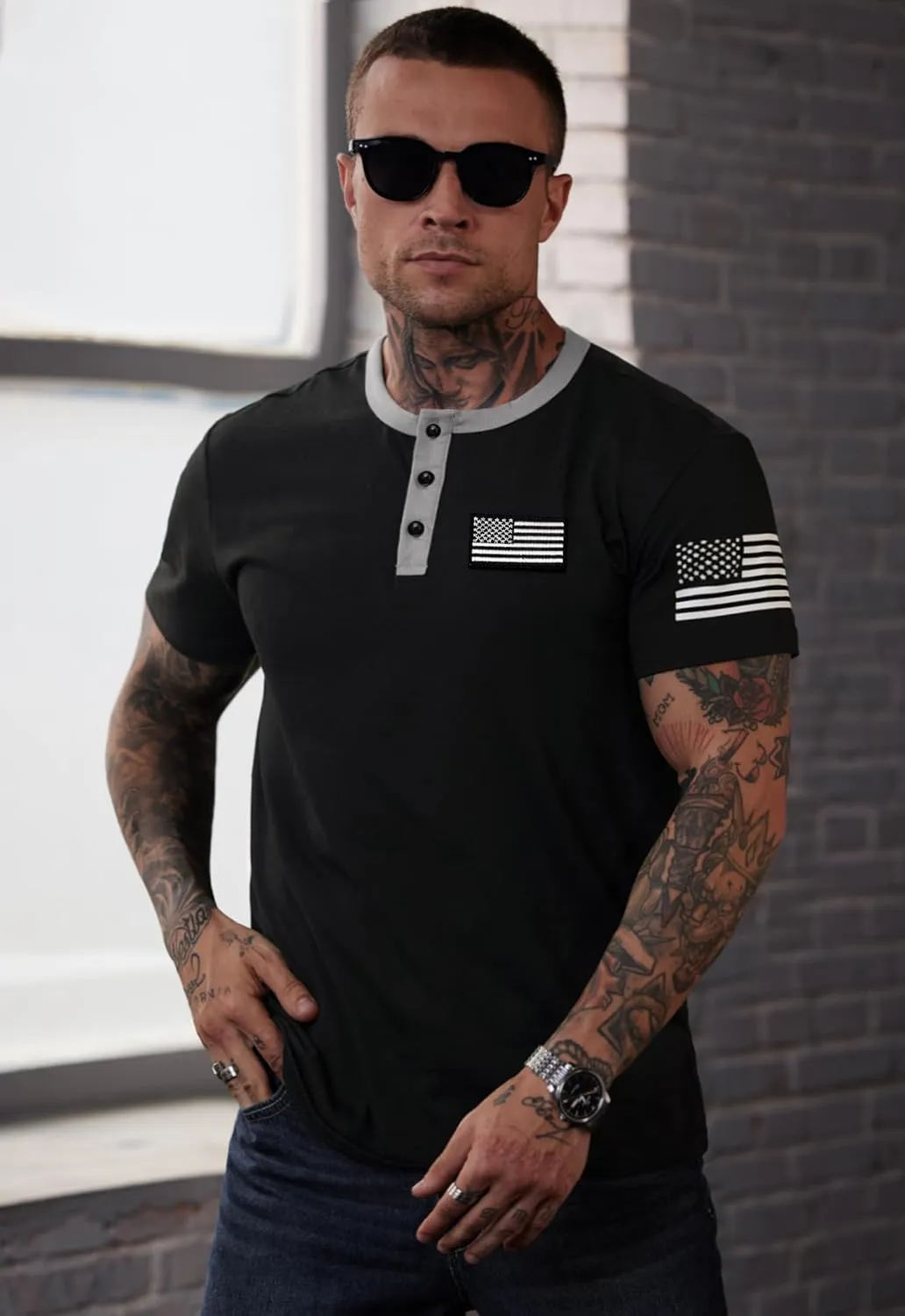 Men's Patriotic Henley Shirts Distressed American Flag 1776 Vintage Muscle T-Shirts (S-3XL)