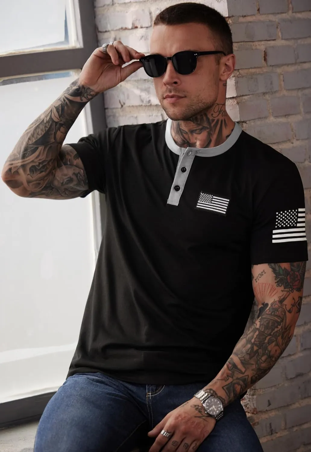 Men's Patriotic Henley Shirts Distressed American Flag 1776 Vintage Muscle T-Shirts (S-3XL)