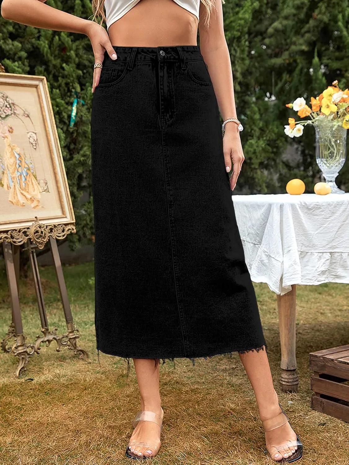 MISS MOLY Women's Jean Skirt Stretch High Waisted Frayed Raw Hem A Line Denim Midi Skirt with Pockets