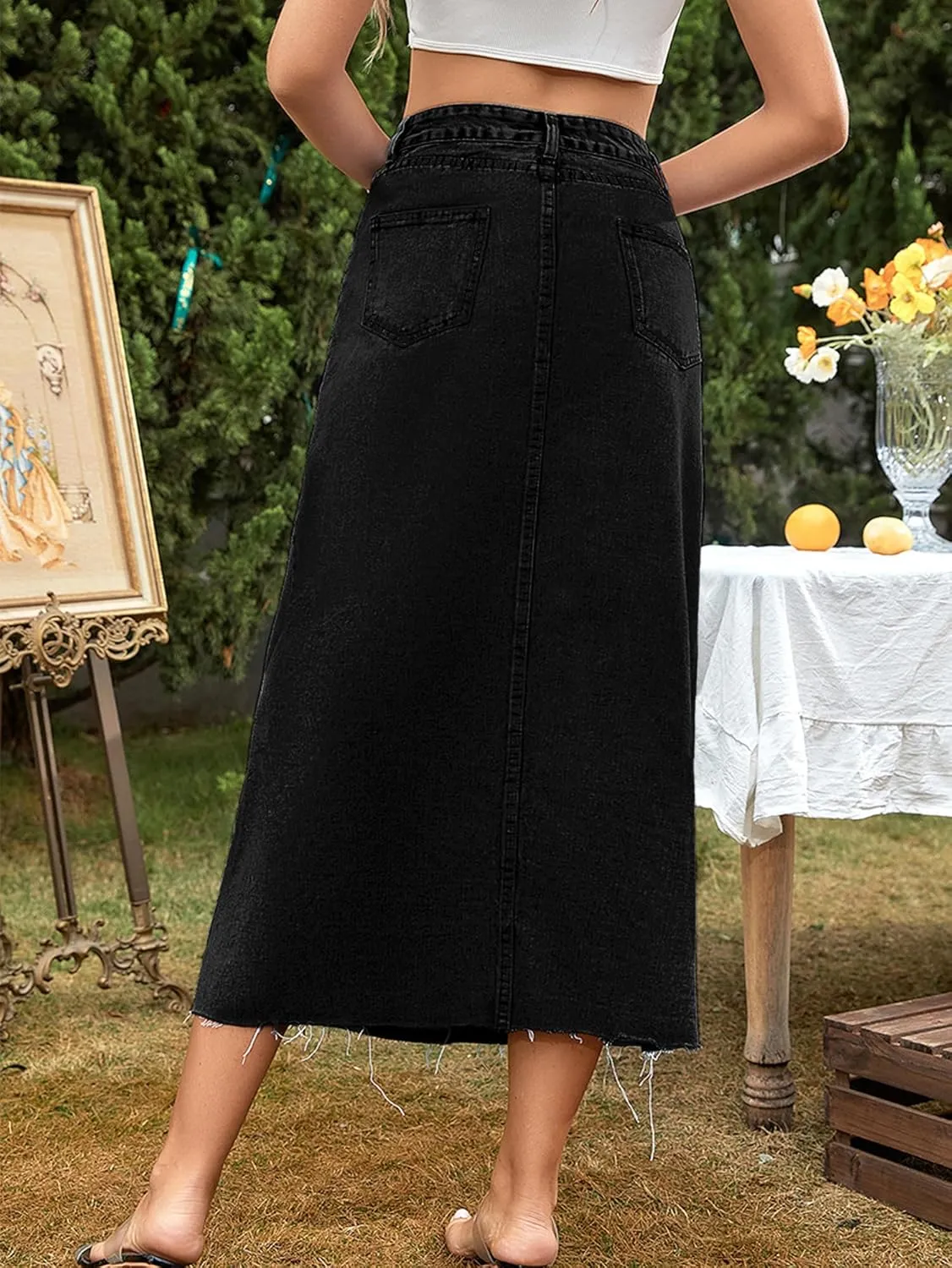 MISS MOLY Women's Jean Skirt Stretch High Waisted Frayed Raw Hem A Line Denim Midi Skirt with Pockets