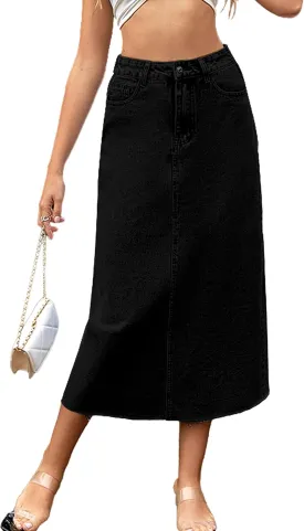 MISS MOLY Women's Jean Skirt Stretch High Waisted Frayed Raw Hem A Line Denim Midi Skirt with Pockets