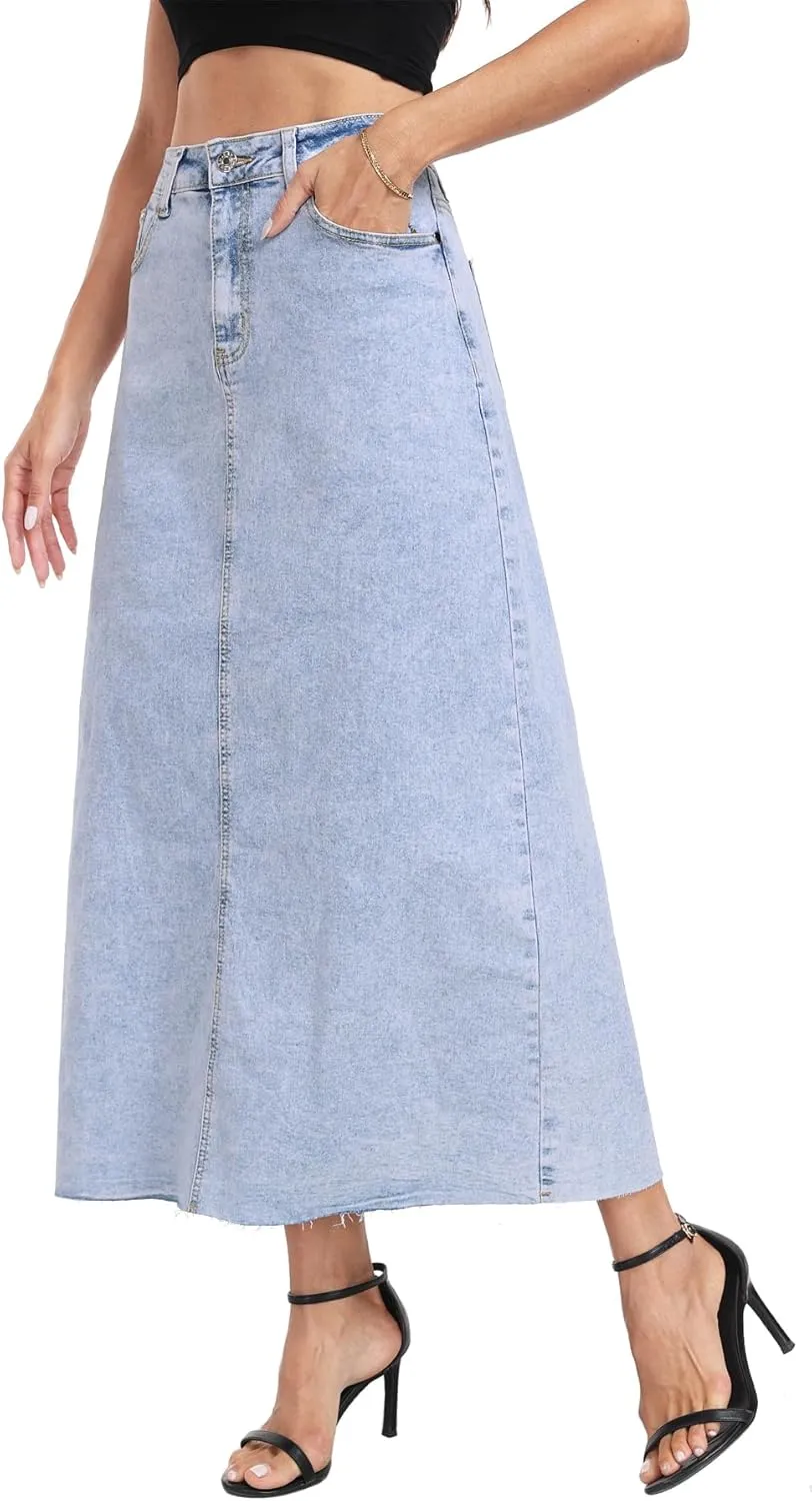 MISS MOLY Women's Jean Skirt Stretch High Waisted Frayed Raw Hem A Line Denim Midi Skirt with Pockets