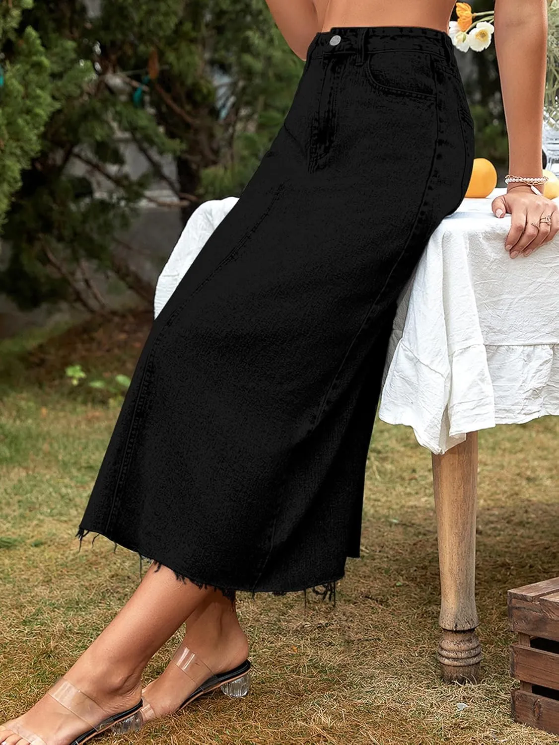 MISS MOLY Women's Jean Skirt Stretch High Waisted Frayed Raw Hem A Line Denim Midi Skirt with Pockets