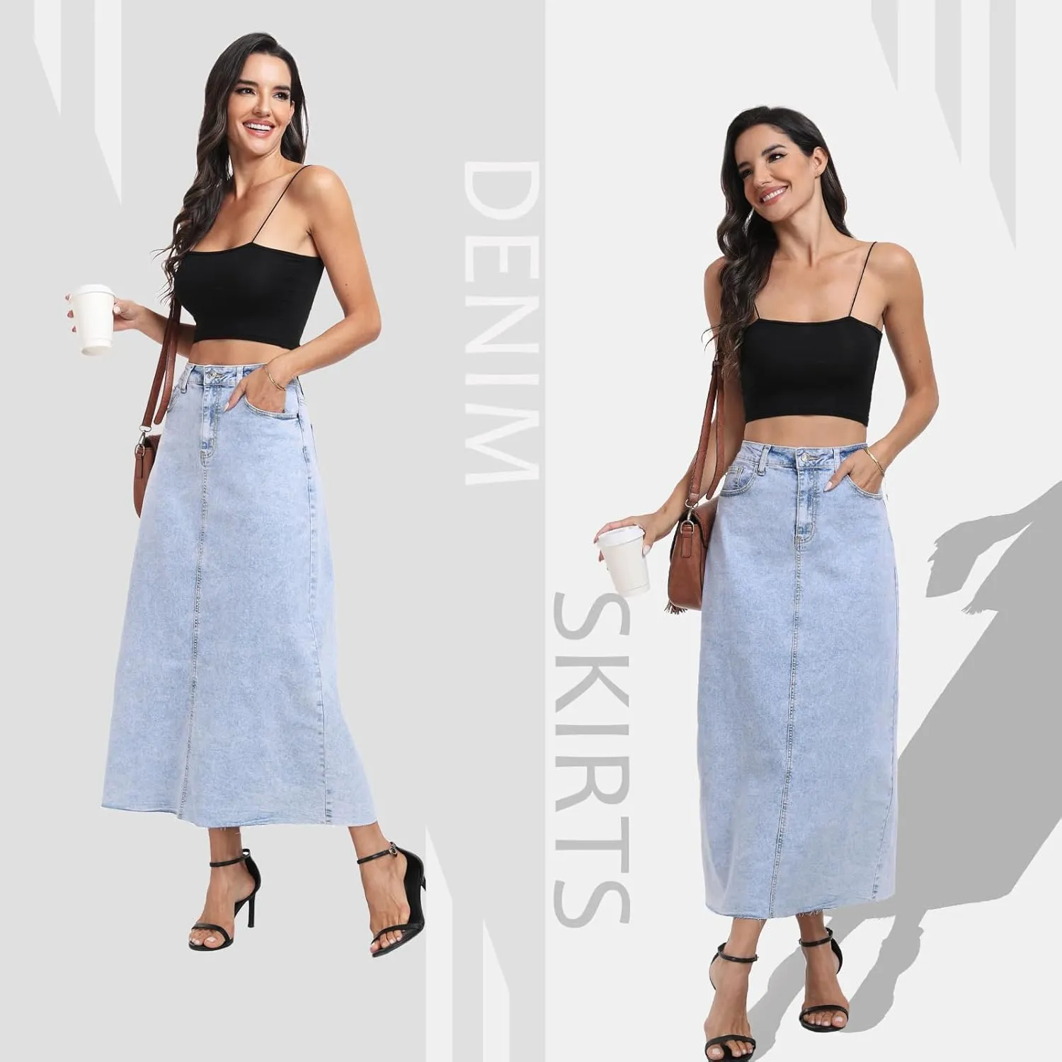 MISS MOLY Women's Jean Skirt Stretch High Waisted Frayed Raw Hem A Line Denim Midi Skirt with Pockets