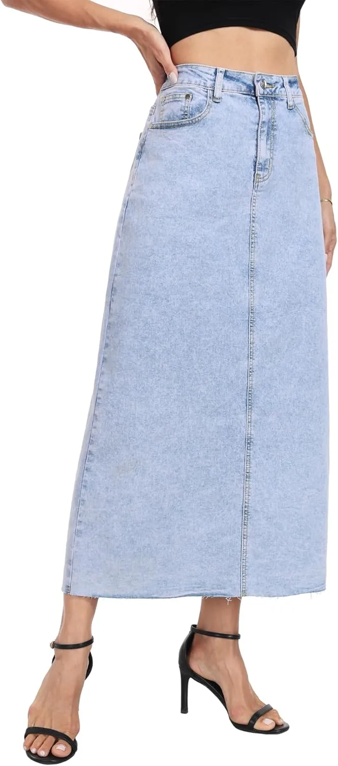 MISS MOLY Women's Jean Skirt Stretch High Waisted Frayed Raw Hem A Line Denim Midi Skirt with Pockets