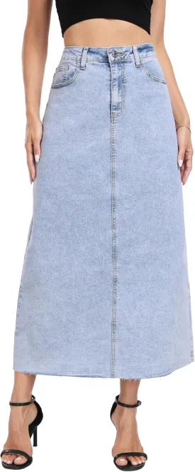 MISS MOLY Women's Jean Skirt Stretch High Waisted Frayed Raw Hem A Line Denim Midi Skirt with Pockets