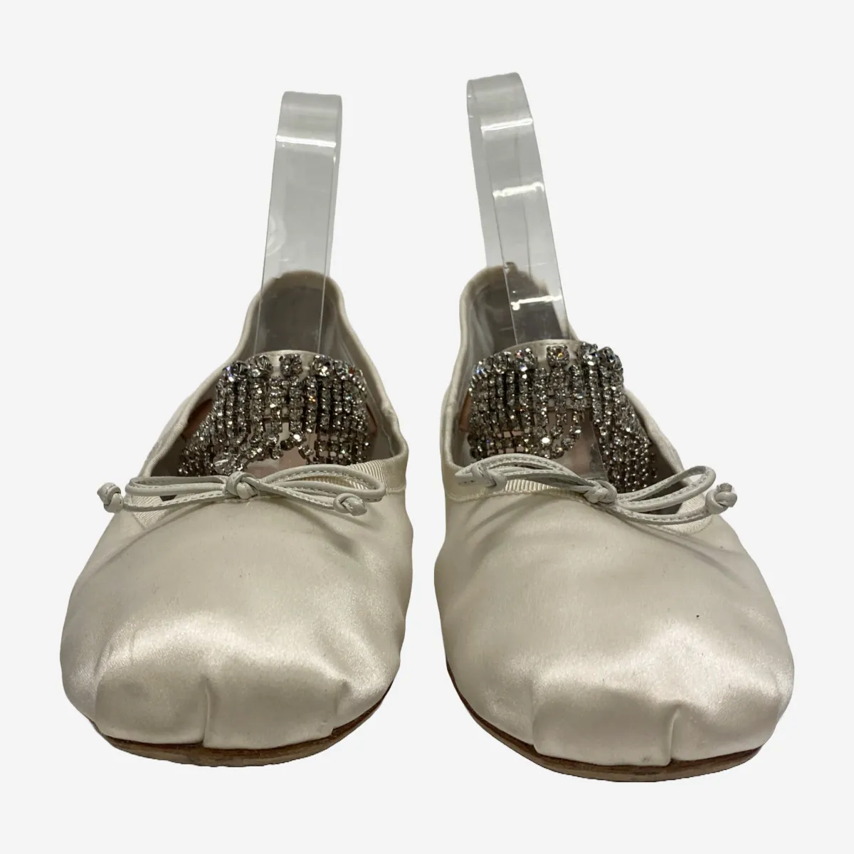Miu Miu women's ivory satin ballet flats with embellished elastic strap