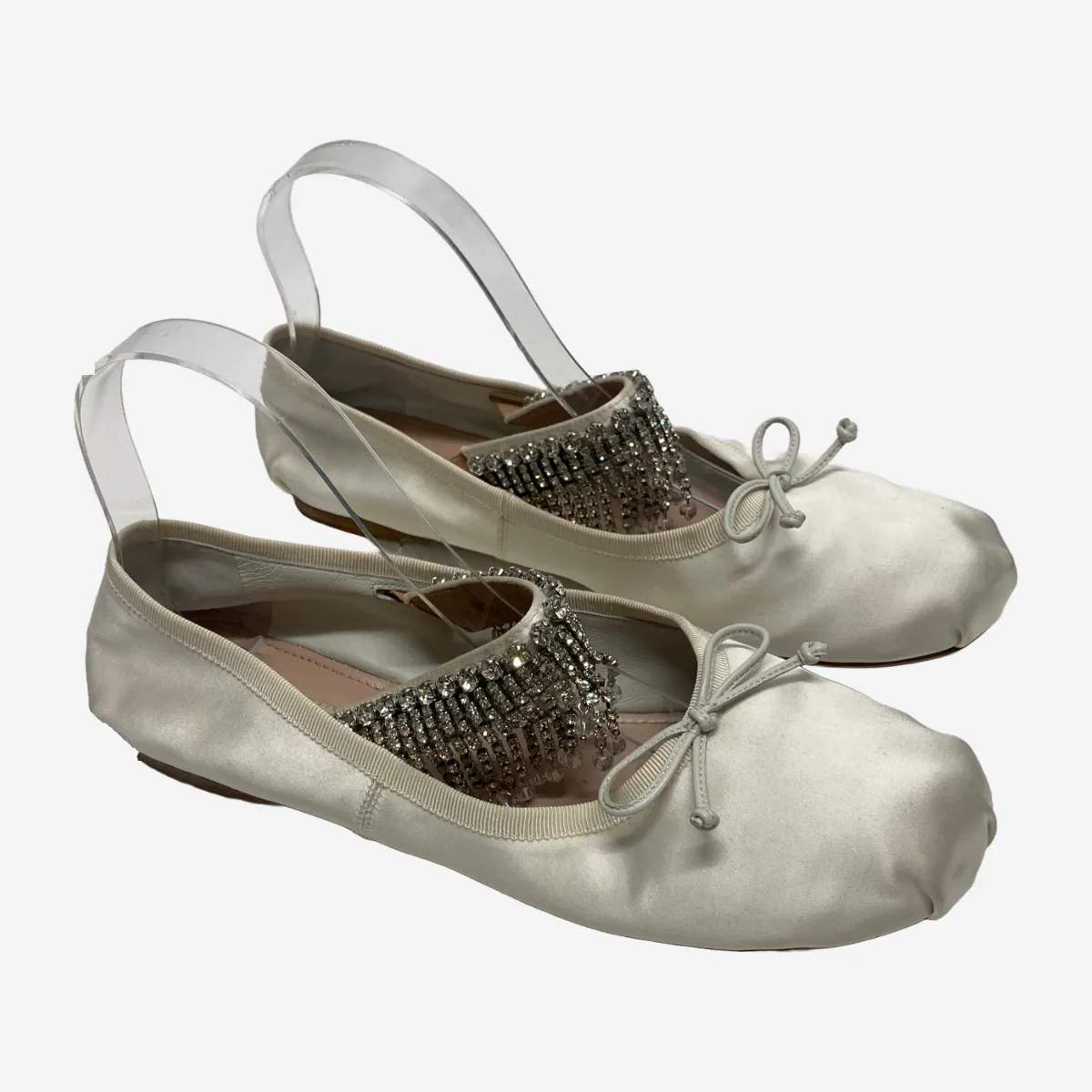 Miu Miu women's ivory satin ballet flats with embellished elastic strap