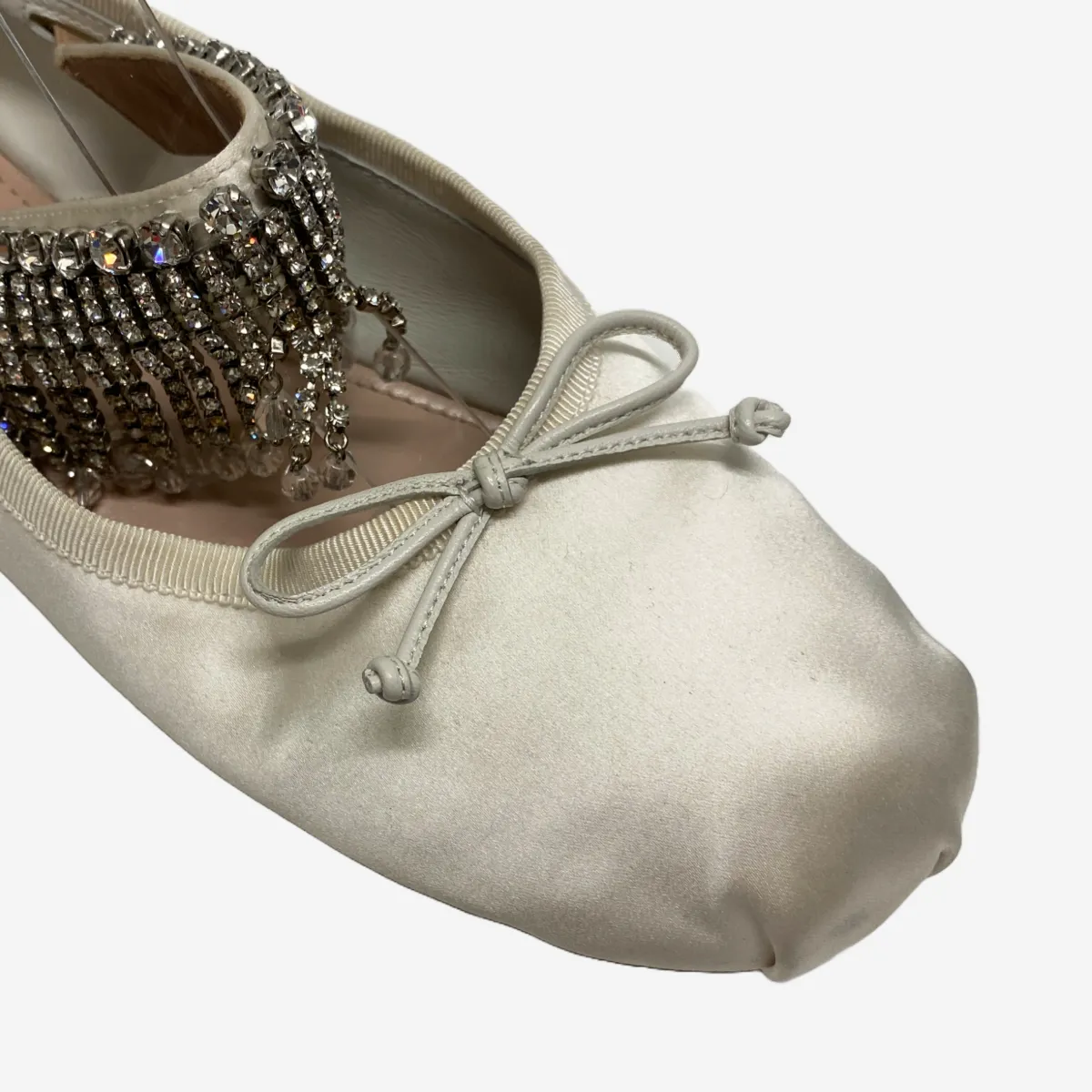 Miu Miu women's ivory satin ballet flats with embellished elastic strap