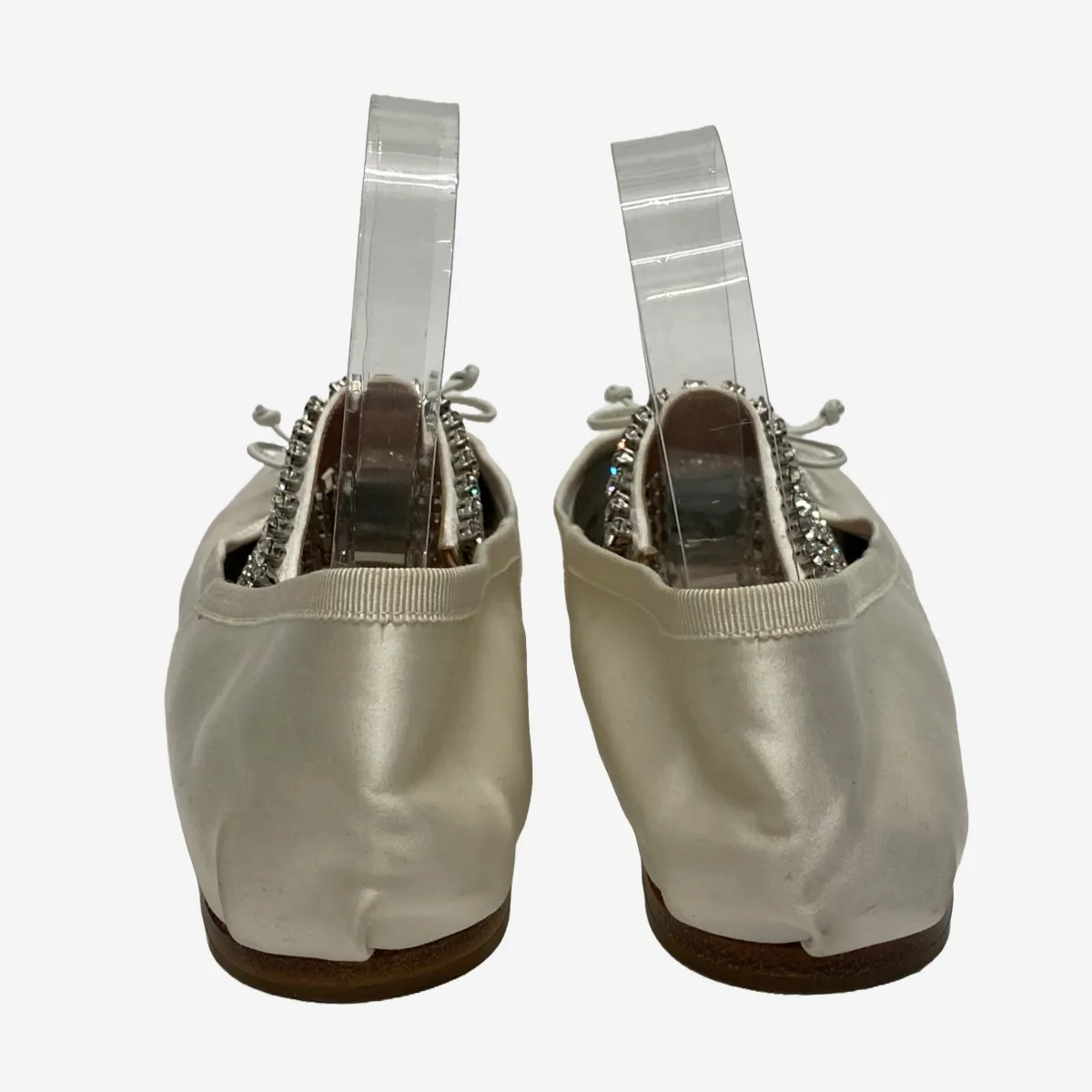 Miu Miu women's ivory satin ballet flats with embellished elastic strap