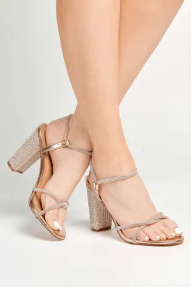 Rayah Diamante Embellished Block Heel Sandals in Rose Gold