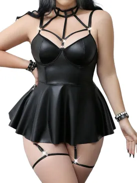 Sexy Strappy Leather Underwire Choker Garter Belt Mini Lingerie Set Dress with Thong 3 Piece
