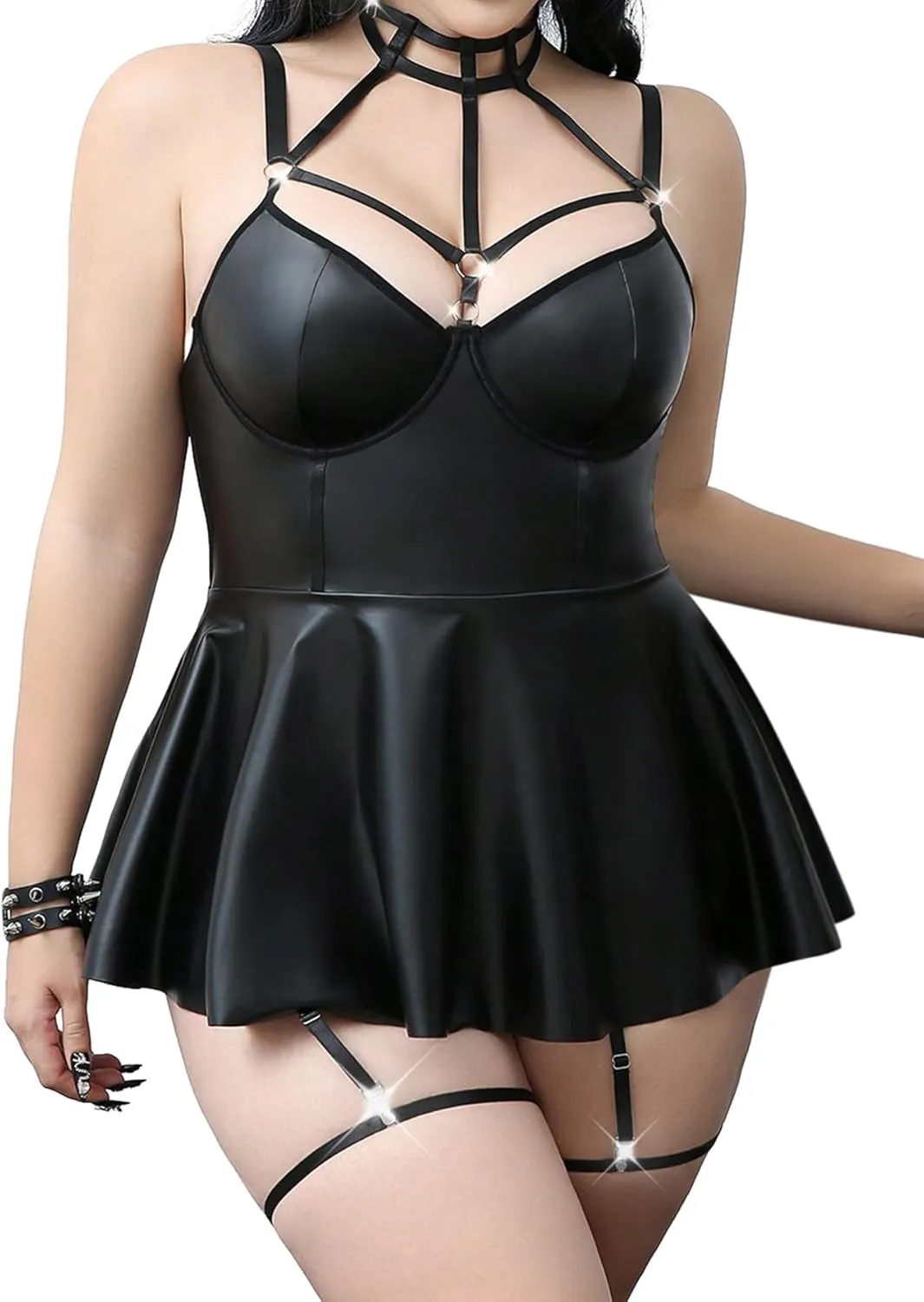 Sexy Strappy Leather Underwire Choker Garter Belt Mini Lingerie Set Dress with Thong 3 Piece