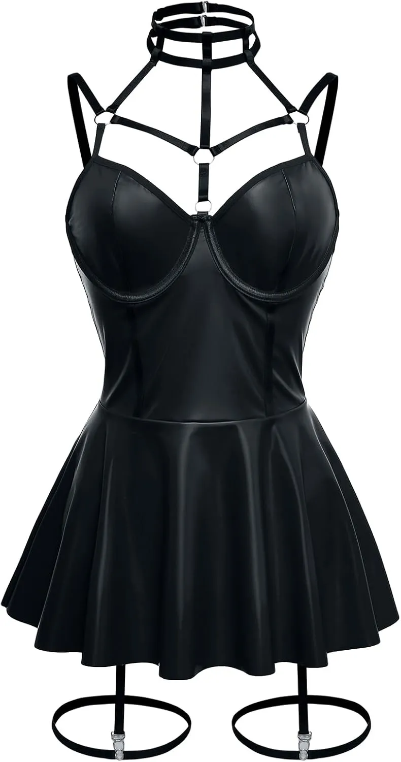 Sexy Strappy Leather Underwire Choker Garter Belt Mini Lingerie Set Dress with Thong 3 Piece