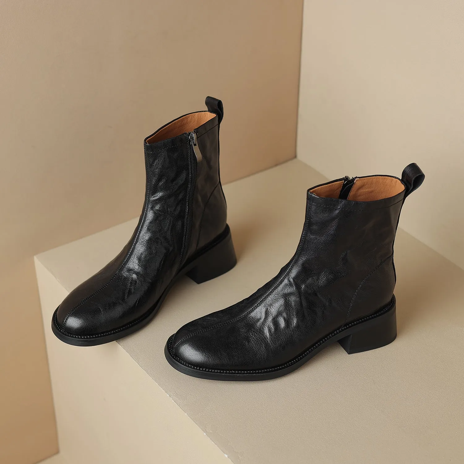 TinaCus Side Zip Up Women's Genuine Leather Block Heel Handmade Ankle Boots