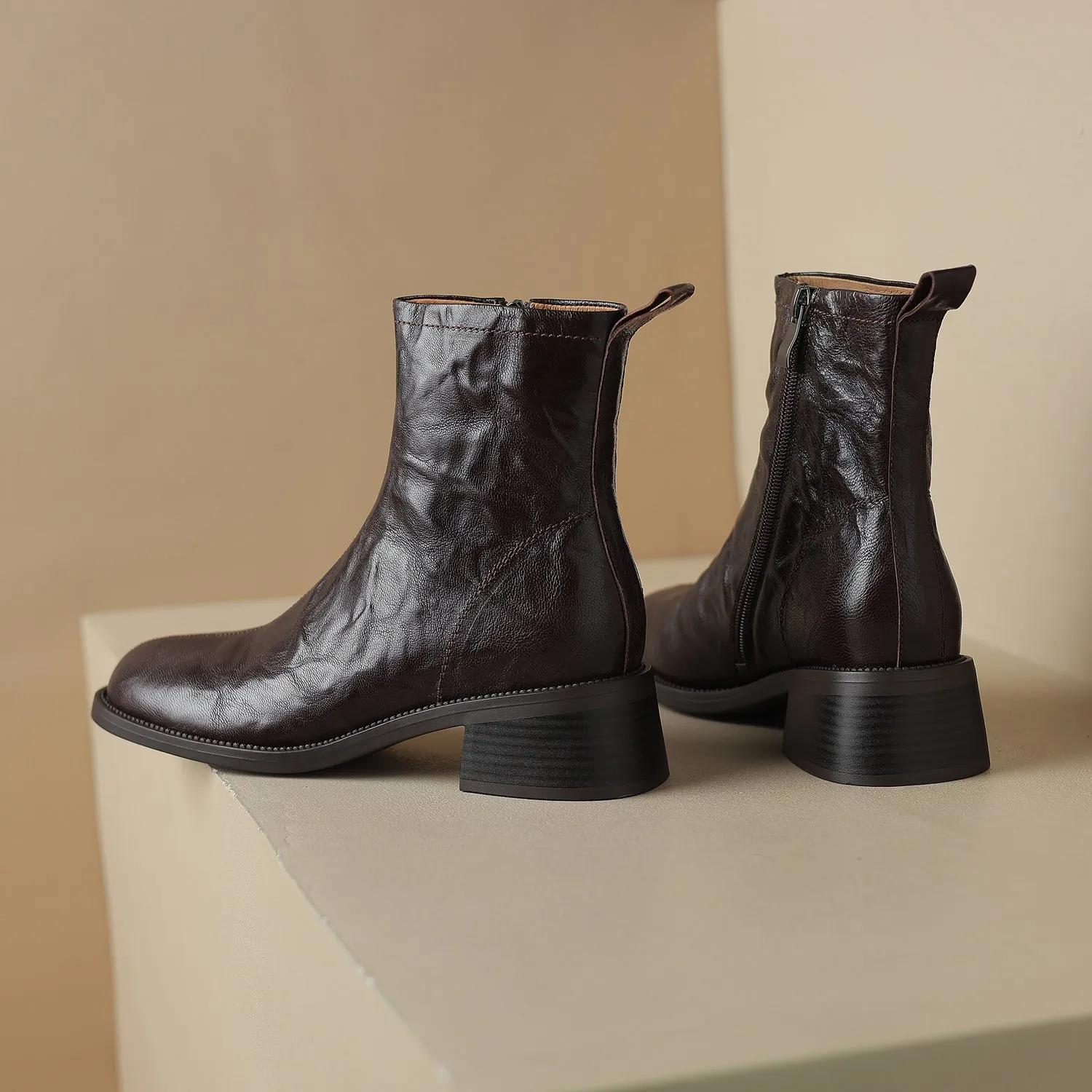 TinaCus Side Zip Up Women's Genuine Leather Block Heel Handmade Ankle Boots