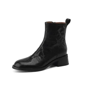 TinaCus Side Zip Up Women's Genuine Leather Block Heel Handmade Ankle Boots