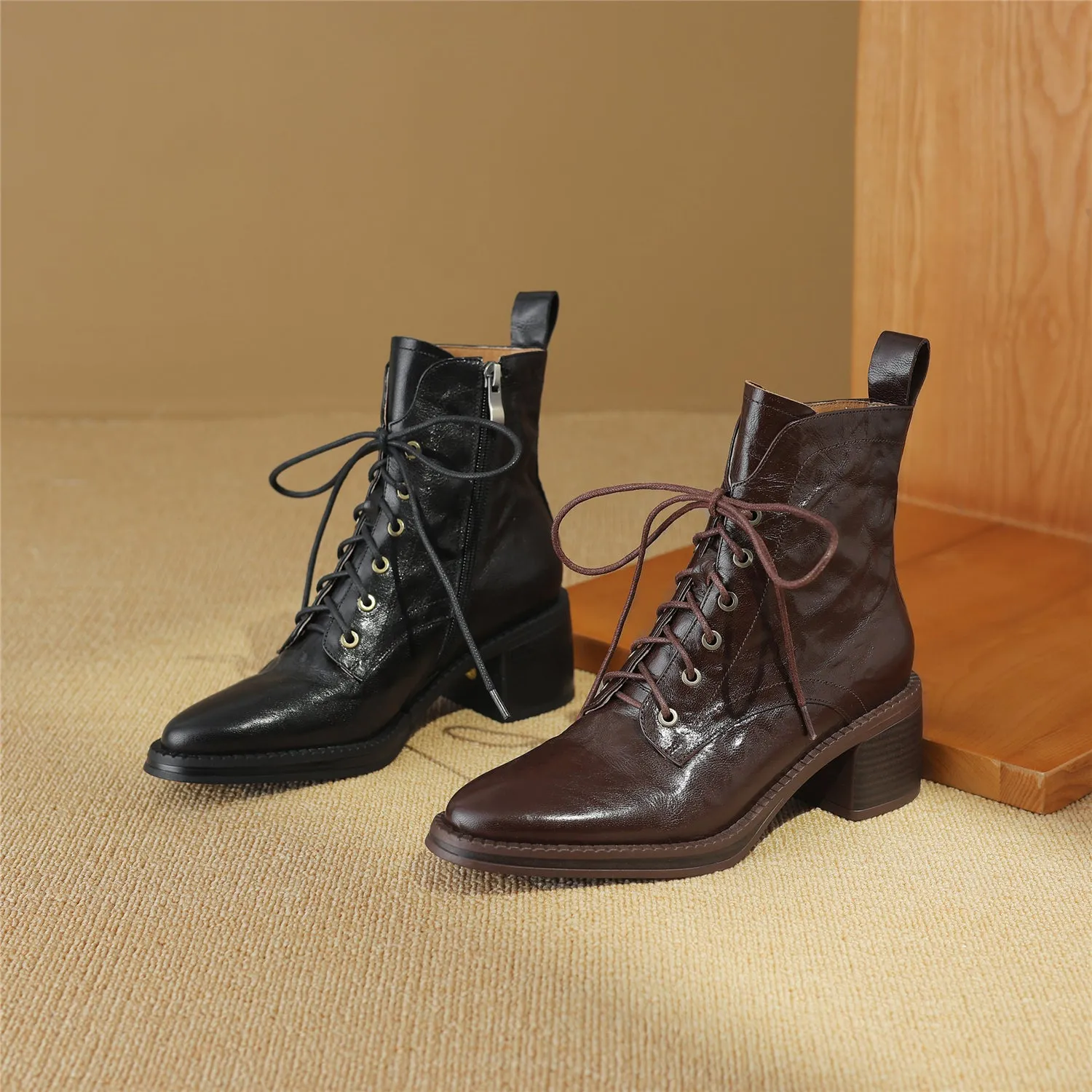 TinaCus Women's Genuine Leather Handmade Zip Up Block Heel Front Band Ankle Boots