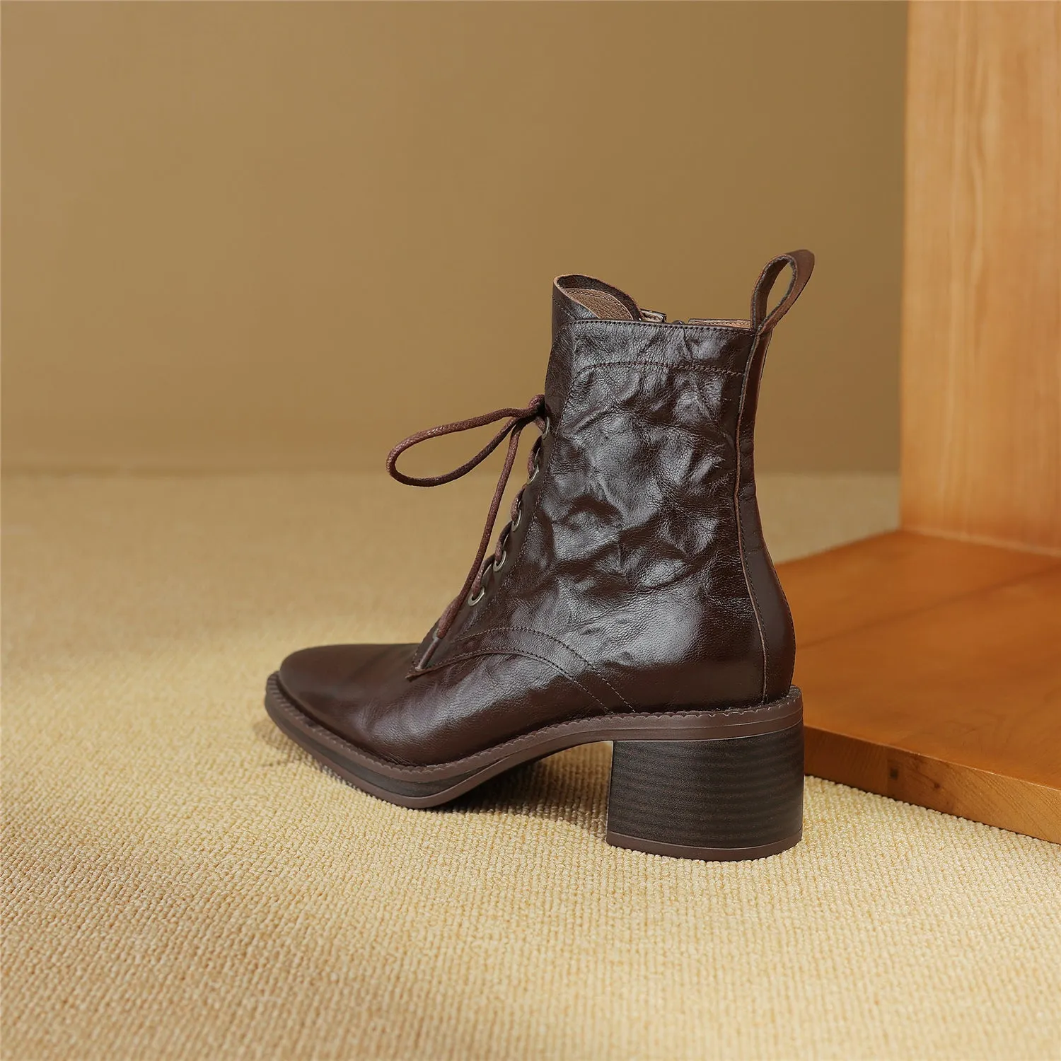 TinaCus Women's Genuine Leather Handmade Zip Up Block Heel Front Band Ankle Boots