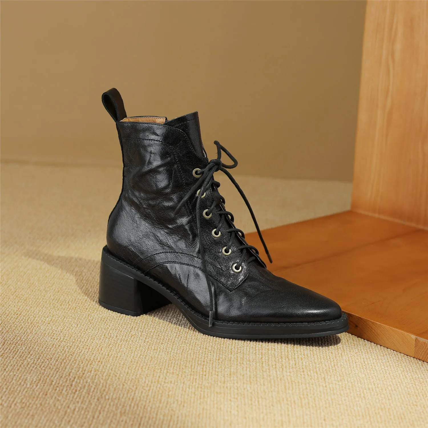 TinaCus Women's Genuine Leather Handmade Zip Up Block Heel Front Band Ankle Boots