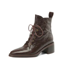 TinaCus Women's Genuine Leather Handmade Zip Up Block Heel Front Band Ankle Boots