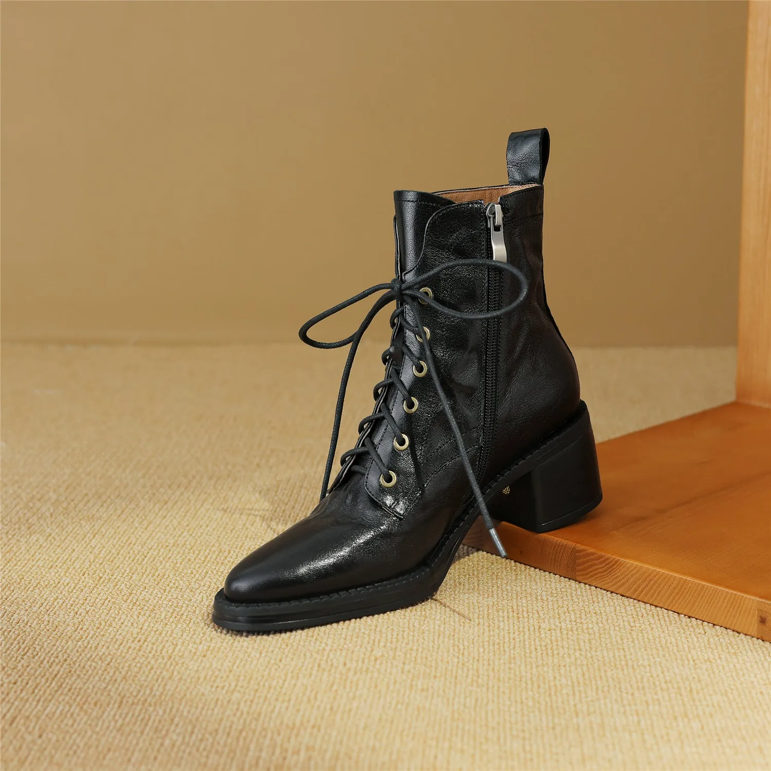 TinaCus Women's Genuine Leather Handmade Zip Up Block Heel Front Band Ankle Boots