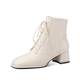 TinaCus Women's Handmade Genuine Leather Chunky Heel Side Zip Front Band Ankle Boots