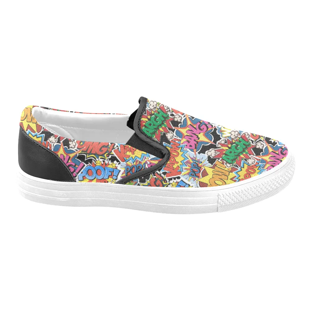 Women's Comic Bubbles Pop Art Print Canvas Slip On Shoes (White)