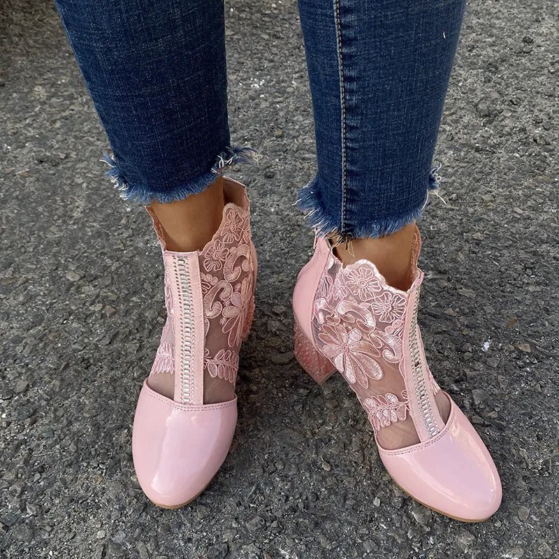 Women's floral mesh chunky block heel summer booties