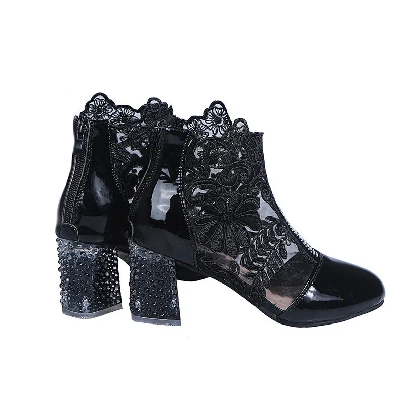 Women's floral mesh chunky block heel summer booties