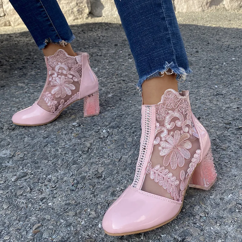 Women's floral mesh chunky block heel summer booties