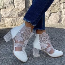 Women's floral mesh chunky block heel summer booties