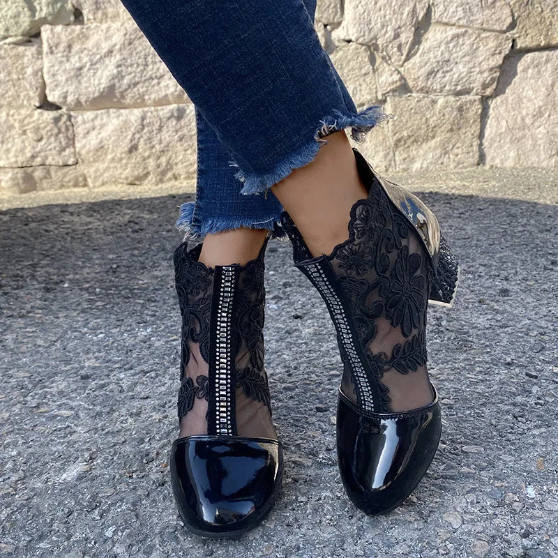 Women's floral mesh chunky block heel summer booties